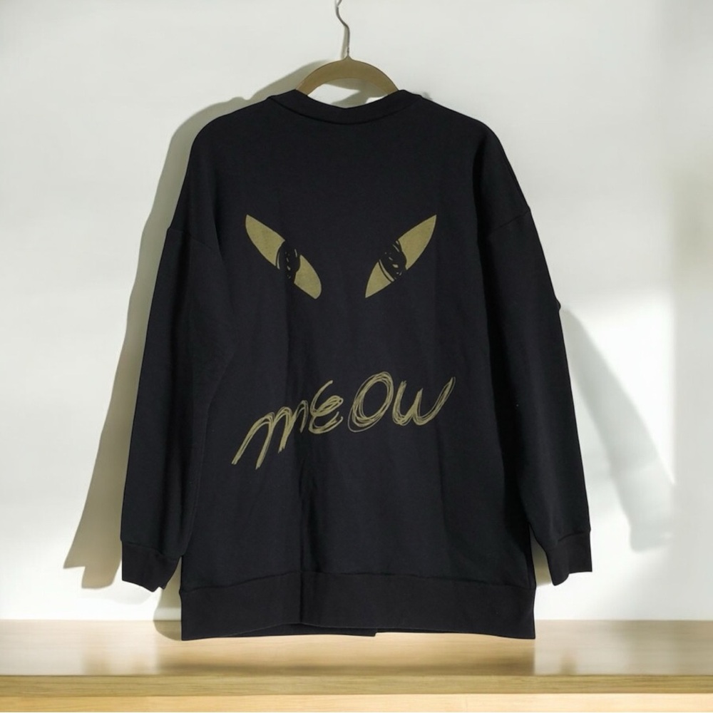 La Fine cat‎ black button up terry cloth cardigan meow meow kitty women’s OS
